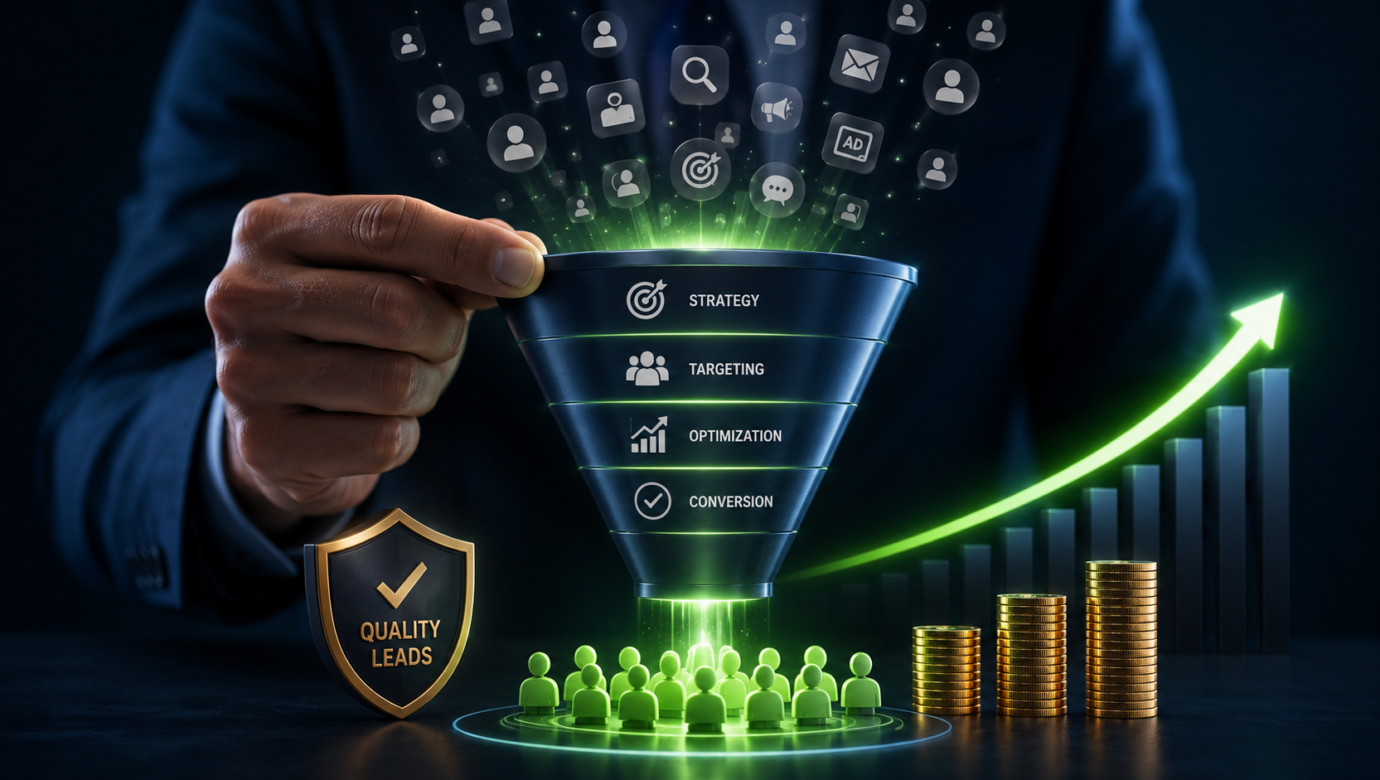 Lead generation funnel showing strategy, targeting, optimization, and conversion delivering quality leads and higher ROI