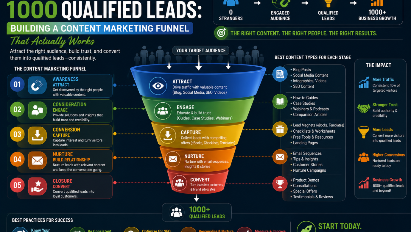 Content marketing funnel showing how businesses attract, capture, nurture, and convert visitors into qualified leads
