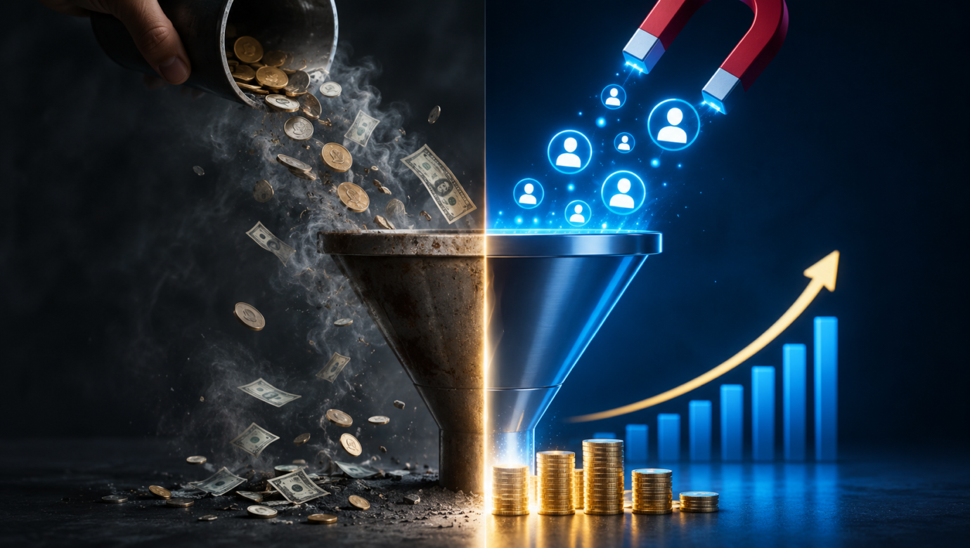 Ad budget optimization concept showing wasted advertising spend versus high-ROI lead generation and business growth