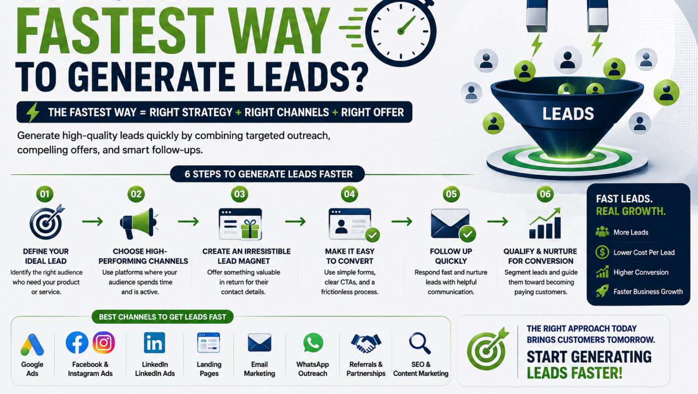 Infographic showing the fastest ways to generate leads through targeted marketing, lead magnets, ads, follow-up, and conversion strategies