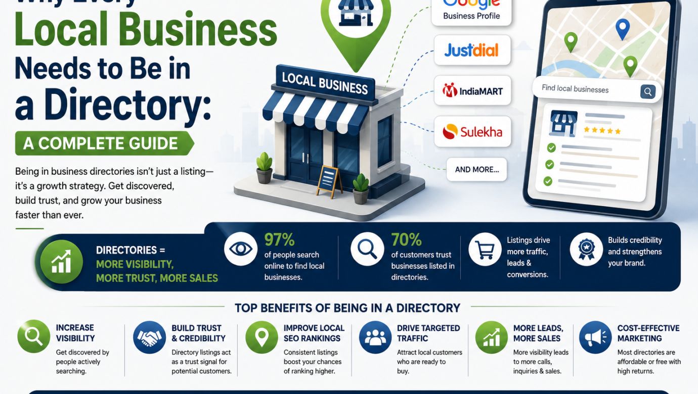 Illustration showing a local business listed in online business directories with maps, search results, storefront, and directory platforms to improve local visibility and SEO.