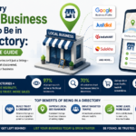 Illustration showing a local business listed in online business directories with maps, search results, storefront, and directory platforms to improve local visibility and SEO.