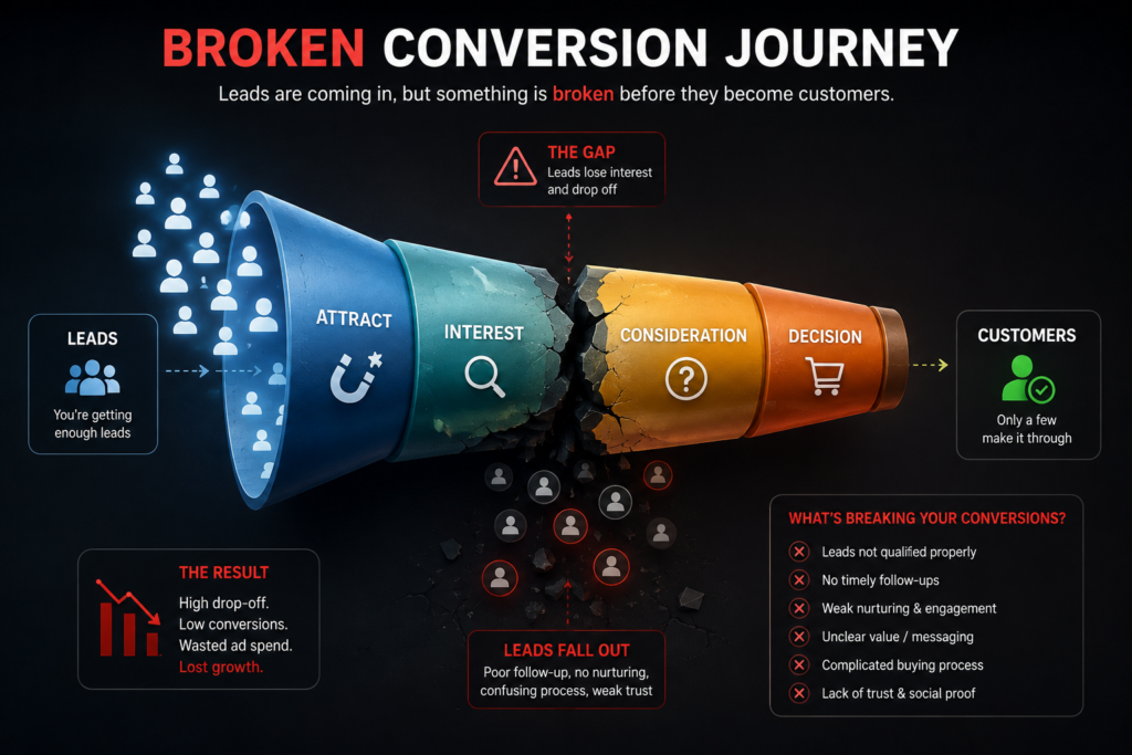 Broken conversion funnel showing leads dropping off before becoming customers due to poor follow-up, weak nurturing, and low trust