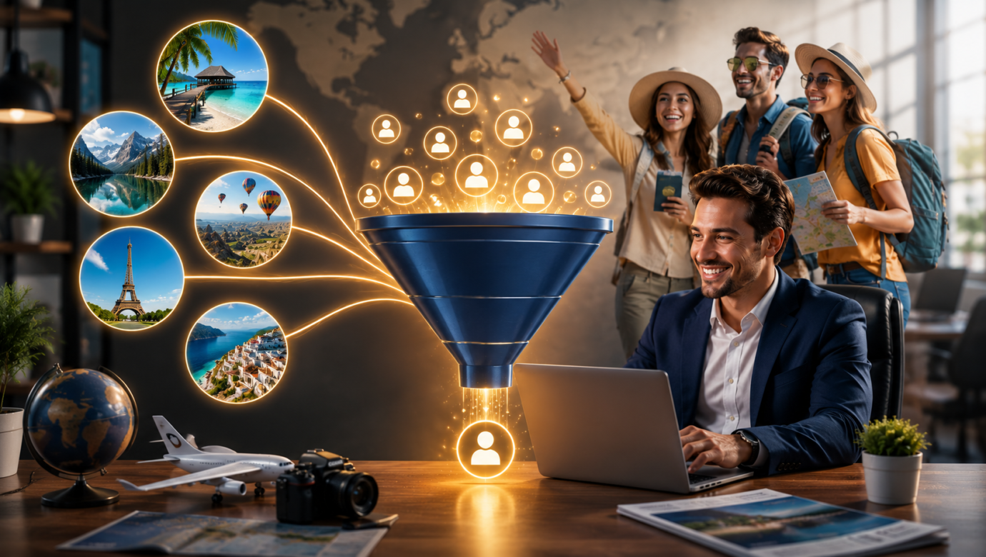 Travel agency lead generation funnel showing how tourism businesses attract qualified travelers and generate leads