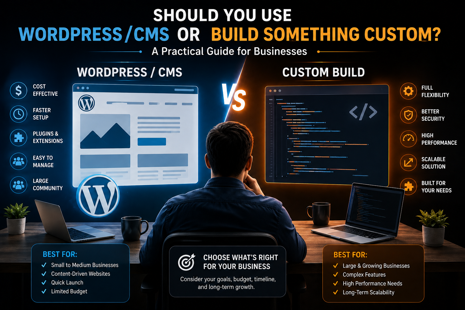 WordPress CMS versus custom website development comparison showing cost, flexibility, performance, security, and scalability
