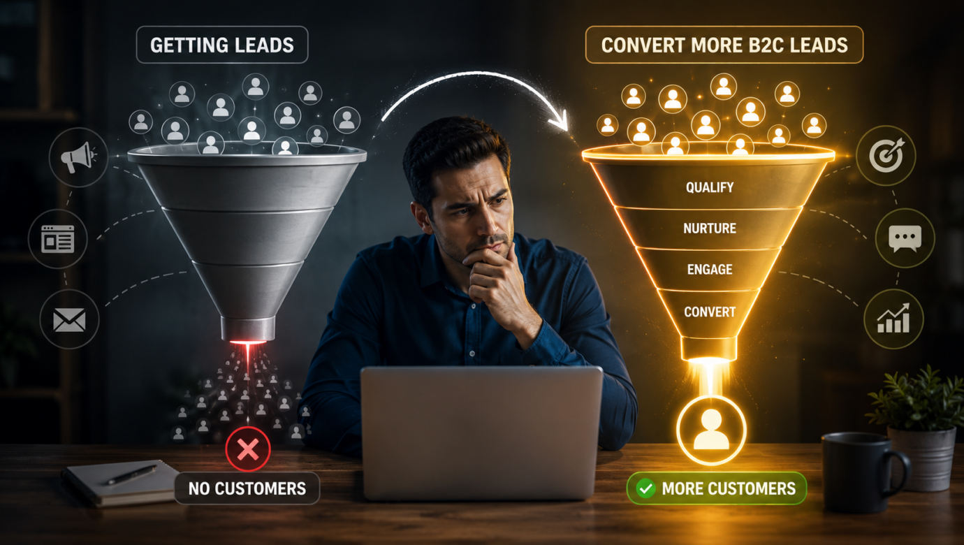 Lead conversion funnel showing how businesses can qualify, nurture, engage, and convert B2C leads into customers