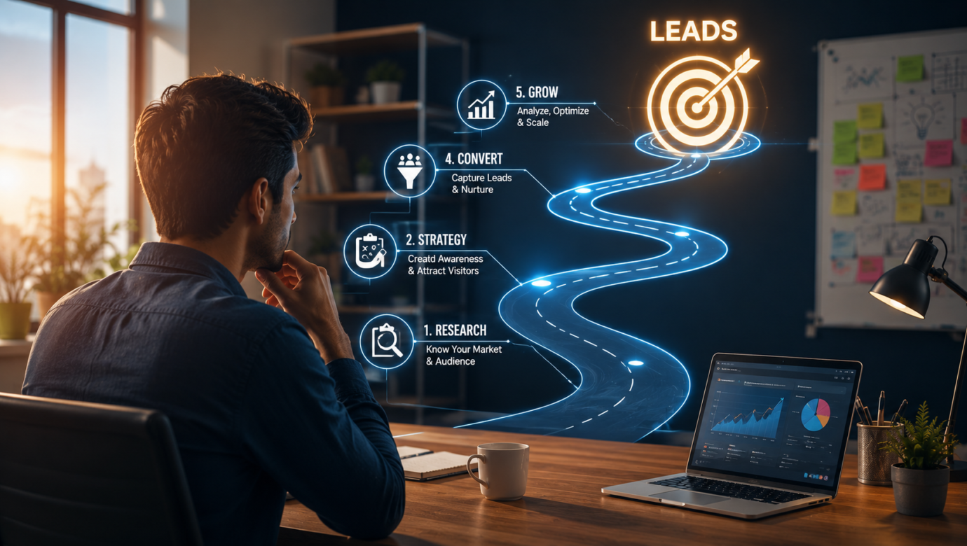 Marketing roadmap showing research, strategy, lead generation, conversion, and growth for small businesses