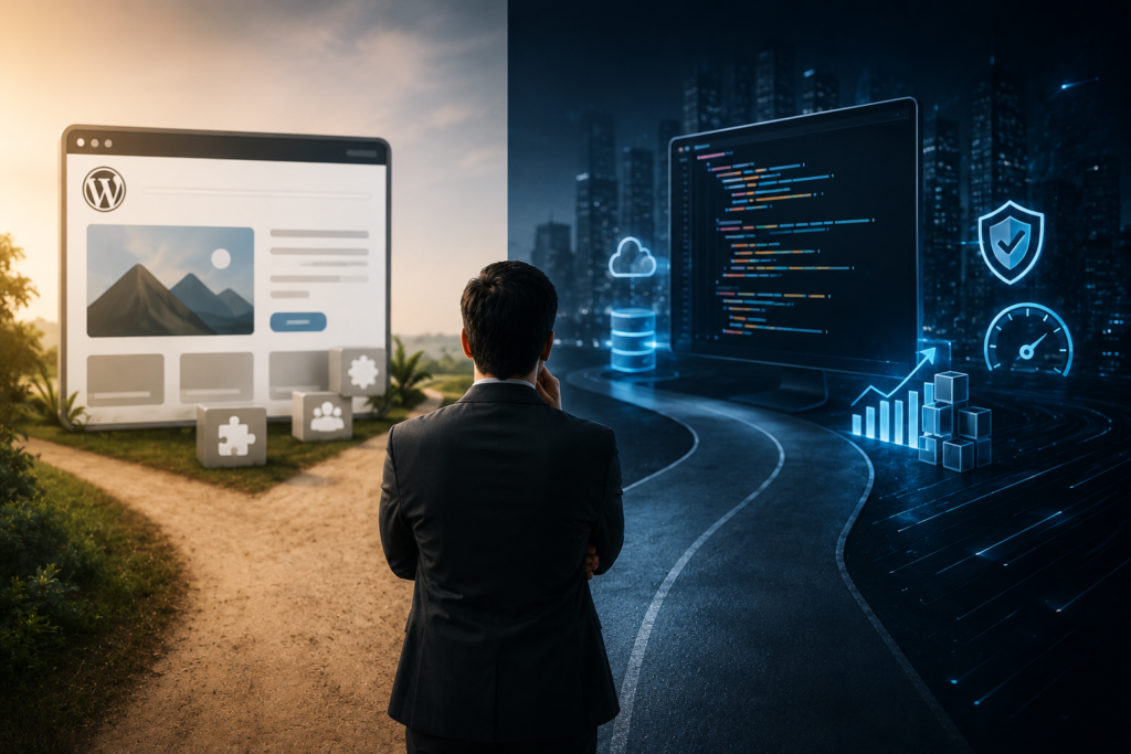 Custom web development compared with a CMS website for businesses needing greater flexibility, performance, security, and scalability
