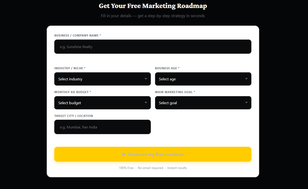 Free marketing roadmap tool helping small businesses create a personalized marketing plan and lead generation strategy