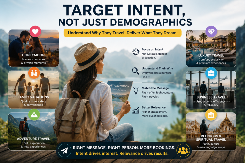 Travel agency targeting different traveler intents including honeymoon family luxury and adventure travel