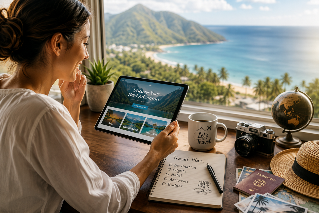 Traveler discovering holiday destinations while planning a trip online
