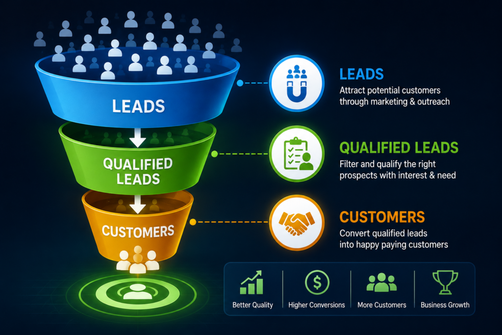 Sales funnel showing leads progressing to qualified leads and then converting into customers